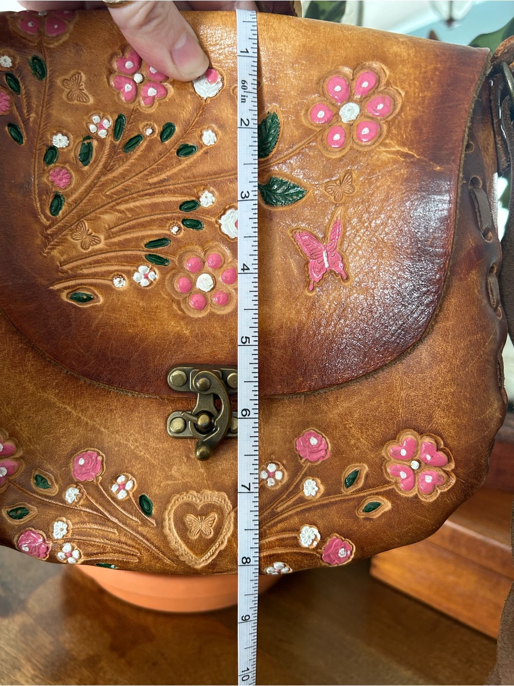 Vintage Hand-Tooled Floral Leather Shoulder Bag - Brown with PaintedPink Accents - Picture 11 of 12